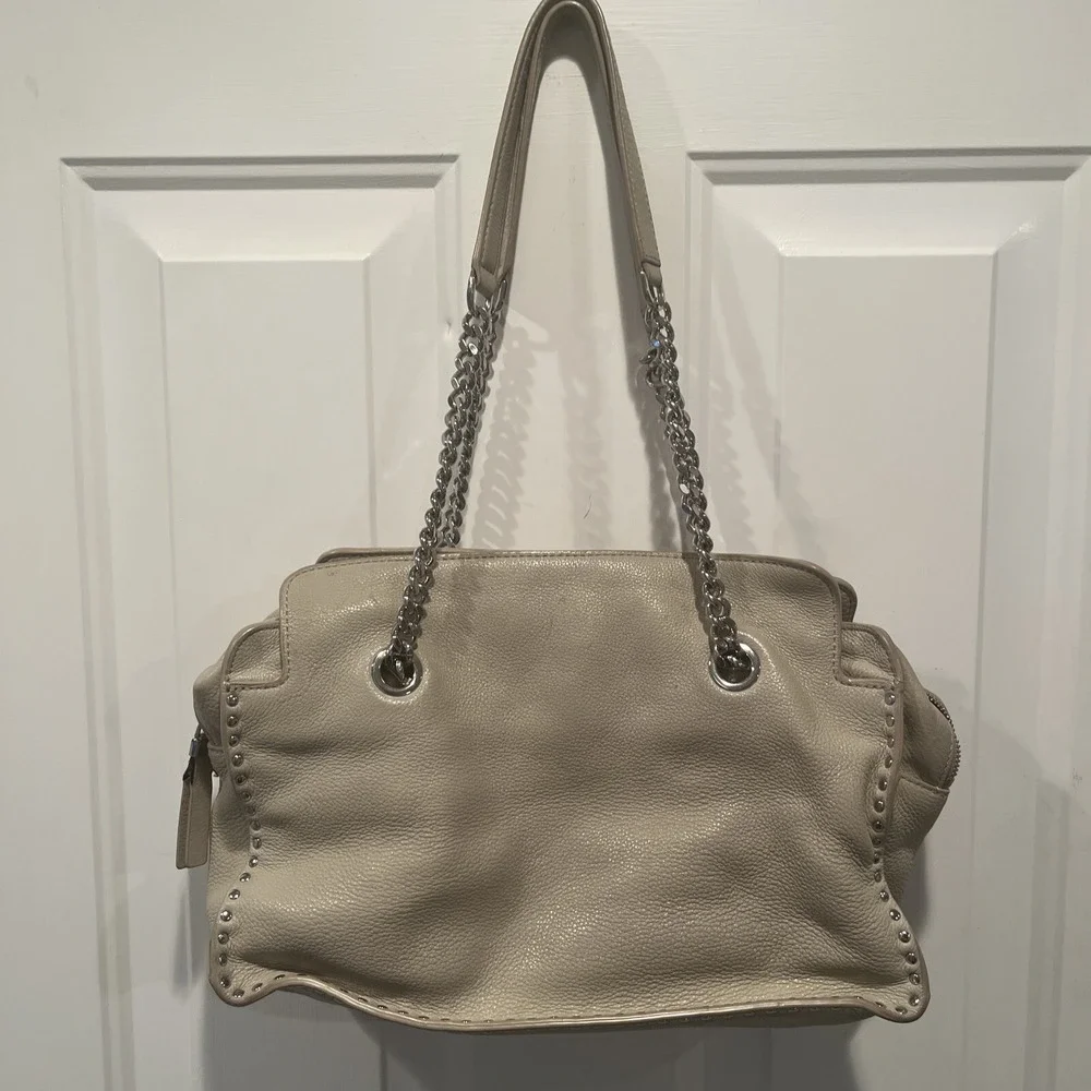 Michael Kors Astor Shoulder Bag Purse Light Grey Leather Studded 3 Main Pockets